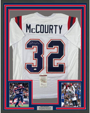 Framed Autographed/Signed Devin McCourty 35x39 New England White Football Jersey JSA COA
