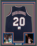 Framed Autographed/Signed Micheal Ray Richardson 35x39 New York Dark Blue Basketball Jersey PSA/DNA COA