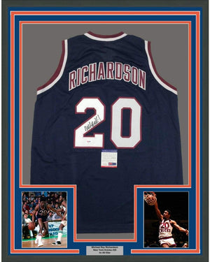 Framed Autographed/Signed Micheal Ray Richardson 35x39 New York Dark Blue Basketball Jersey PSA/DNA COA