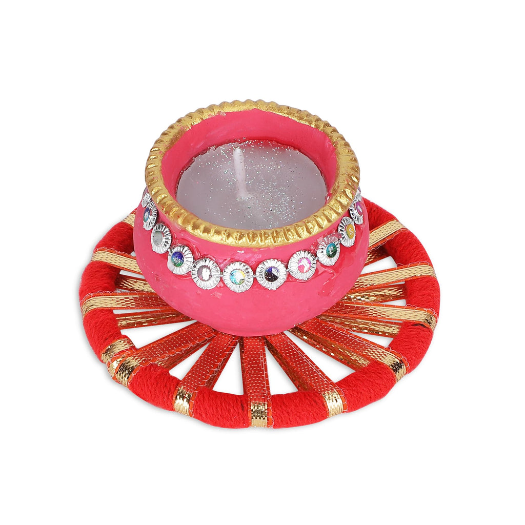 4OUR FAITH Matki Wax Filled Diya Set Handpainted Terracotta 6 Pc Multicolor