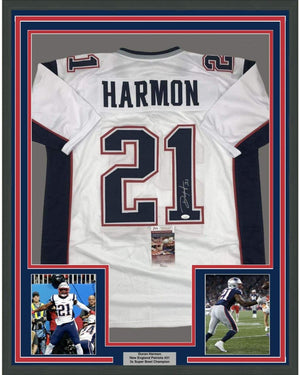 Framed Autographed/Signed Duron Harmon 35x39 New England White Football Jersey JSA COA