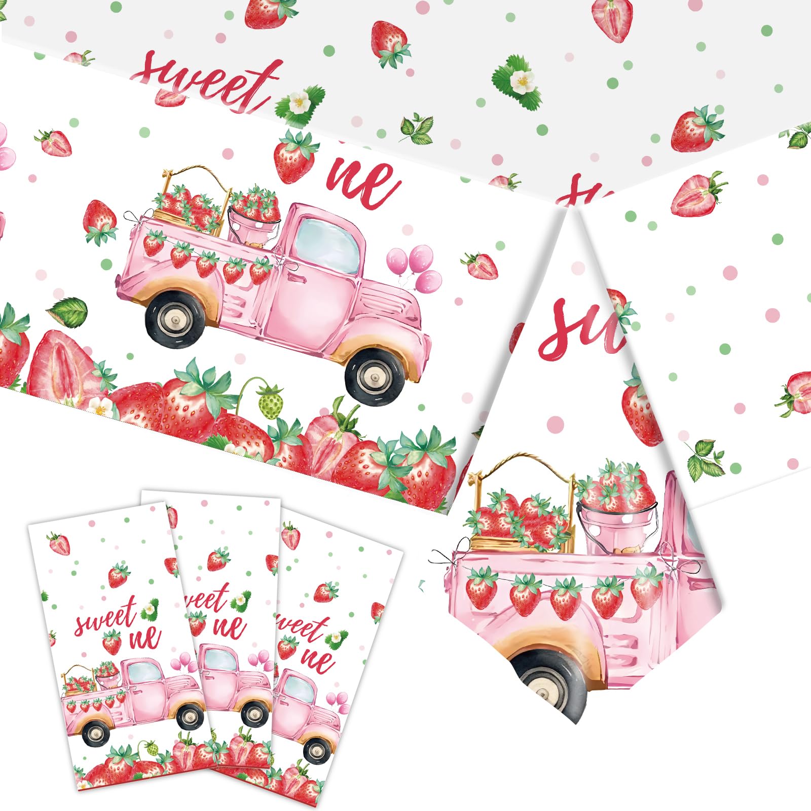 PHOGARY 3 PCS Strawberry Tablecloth Plastic Party Decor Pink 108x54in
