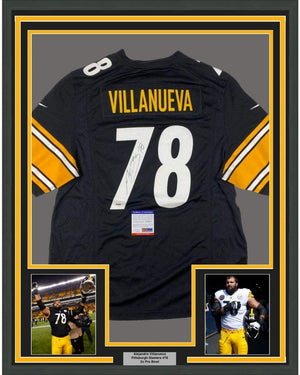 Framed Autographed/Signed Alejandro Villanueva 35x39 Pittsburgh Black Football Jersey PSA/DNA COA