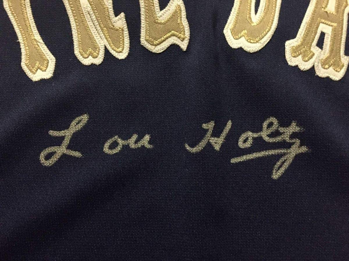 Framed Autographed/Signed Lou Holtz 35x39 Notre Dame Fighting Irish Football Jersey Jacket Steiner Sports COA