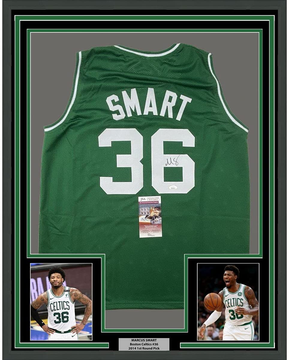 Framed Autographed/Signed Marcus Smart 35x39 Boston Green Basketball Jersey JSA COA