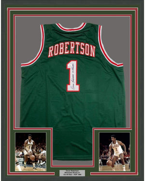 Framed Autographed/Signed Oscar Robertson 71 Champs 35x39 Milwaukee Green Basketball Jersey JSA COA