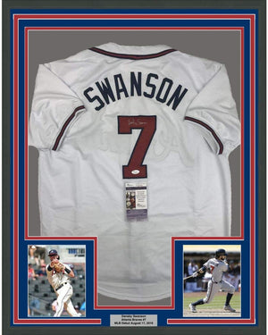 Framed Autographed/Signed Dansby Swanson 35x39 Atlanta White Baseball Jersey JSA COA