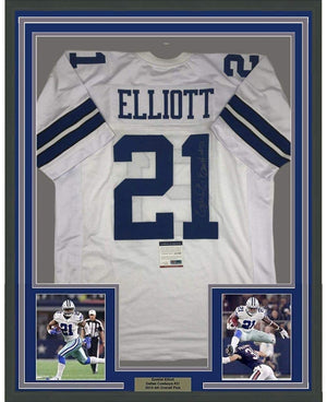 Framed Autographed/Signed Ezekiel Elliott 35x39 Dallas White Football Jersey PSA/DNA COA