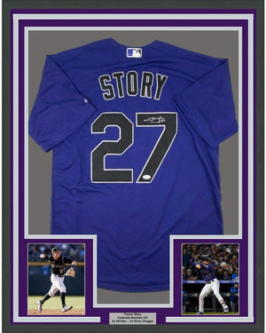 Framed Autographed/Signed Trevor Story 35x39 Colorado Purple Baseball Jersey JSA COA Holo Only