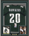 Framed Autographed/Signed Brian Dawkins 35x39 Inscribed Last To Wear #20 Philadelphia Green Football Jersey JSA COA