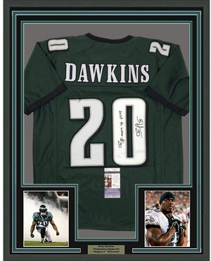 Framed Autographed/Signed Brian Dawkins 35x39 Inscribed Last To Wear #20 Philadelphia Green Football Jersey JSA COA