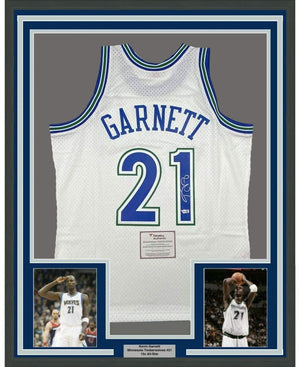 Framed Autographed/Signed Kevin Garnett 35x39 Minnesota Timberwolves White Authentic Mitchell & Ness Basketball Jersey Fanatics COA