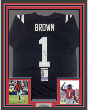 Framed Autographed/Signed AJ A.J. Brown 35x39 Ole Miss Blue College Football Jersey JSA COA