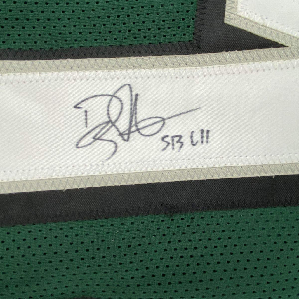 Framed Autographed/Signed Doug Pederson SB LII 35x39 Philadelphia Green Football Jersey JSA COA