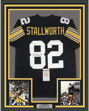 Framed Autographed/Signed John Stallworth 35x39 Pittsburgh Black Football Jersey JSA COA