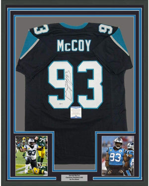 Framed Autographed/Signed Gerald McCoy 35x39 Carolina Black Football Jersey Beckett BAS COA