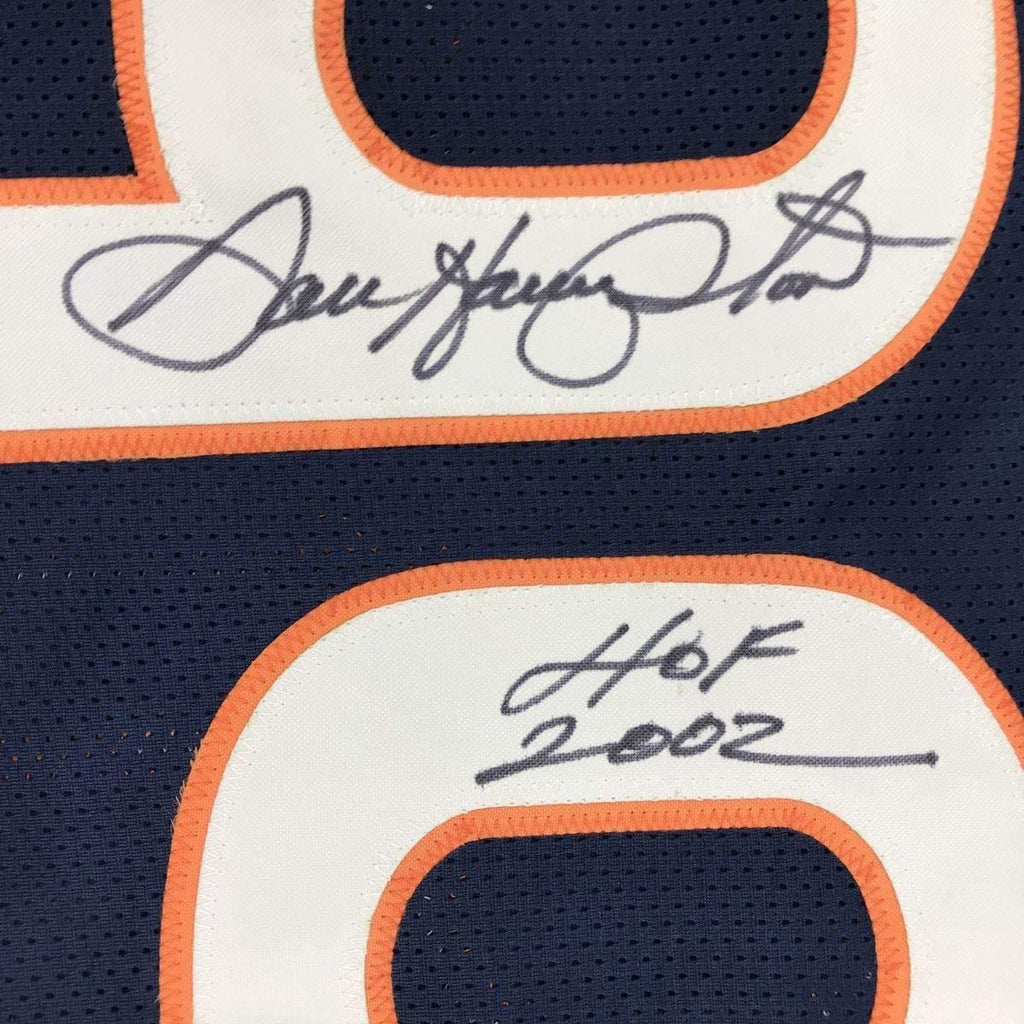 Framed Autographed/Signed Dan Hampton HOF 2002 35x39 Chicago Blue Football Jersey JSA COA