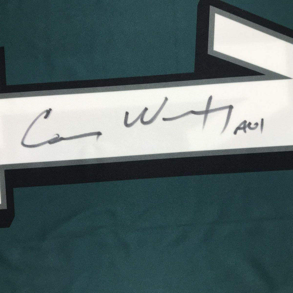 Framed Autographed/Signed Carson Wentz 35x39 Philadelphia Eagles Green Nike Dri Fit Football Jersey Fanatics COA