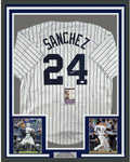 Framed Autographed/Signed Gary Sanchez 35x39 New York Pinstripe Baseball Jersey JSA COA