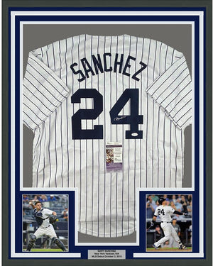 Framed Autographed/Signed Gary Sanchez 35x39 New York Pinstripe Baseball Jersey JSA COA