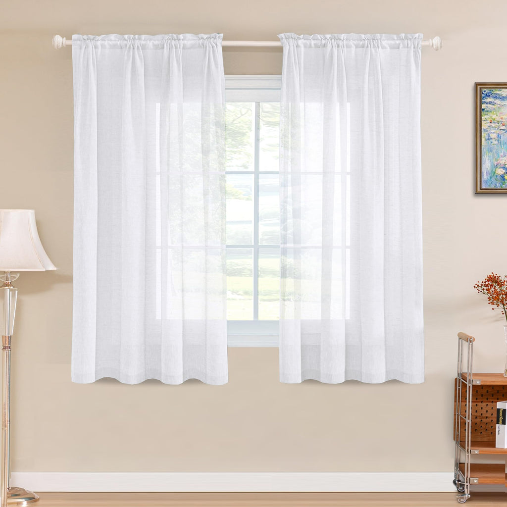 Turquoize Linen Sheer Rod Pocket Curtains 52x63in Set of 2 Pure White
