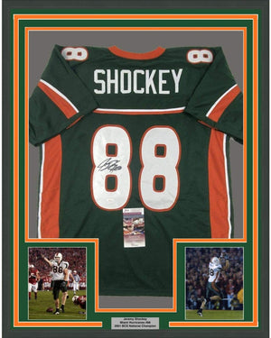 Framed Autographed/Signed Jeremy Shockey 35x39 Miami Green College Football Jersey JSA COA