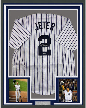 Framed Autographed/Signed Derek Jeter 35x39 New York Pinstripe Baseball Jersey Steiner Sports COA Hologram Only