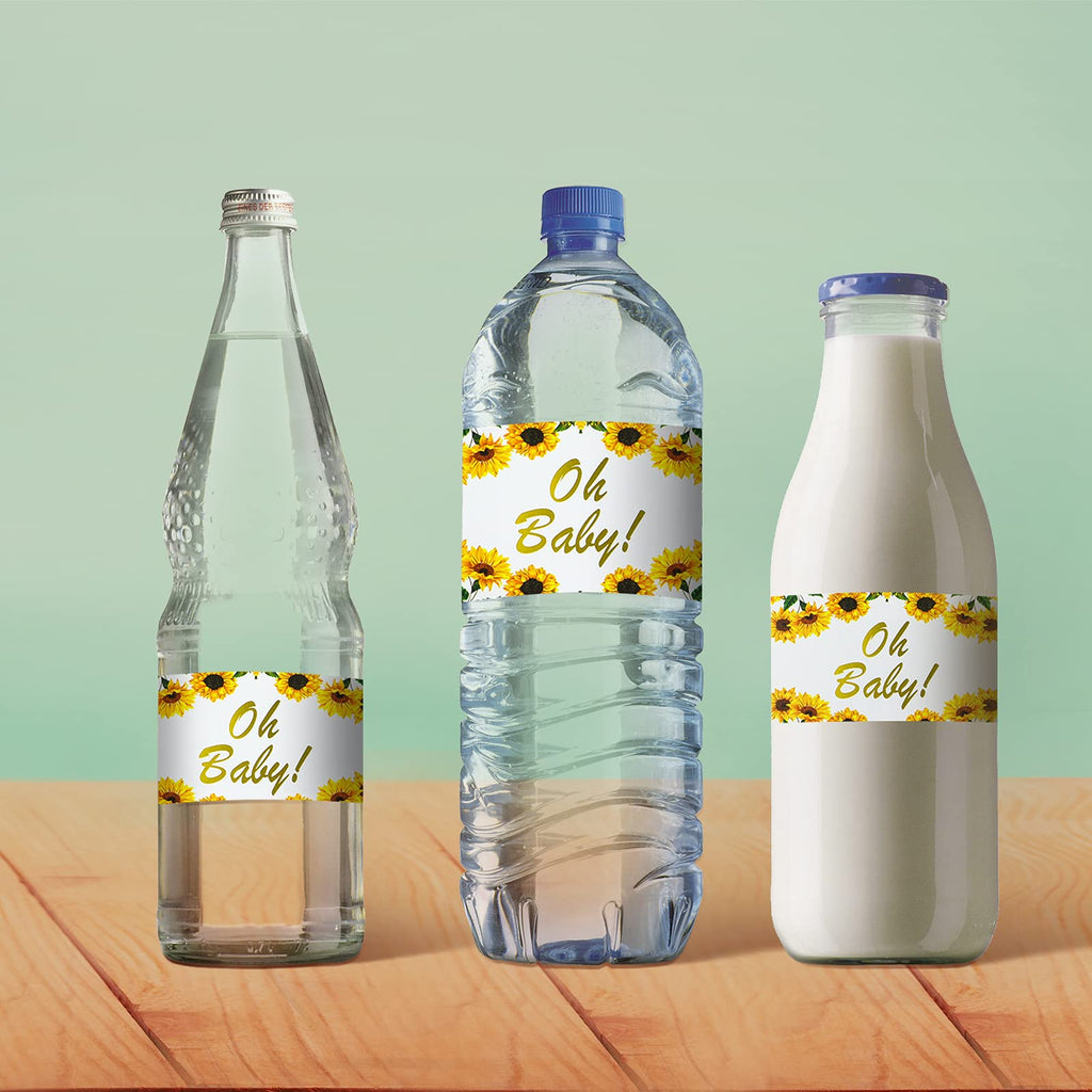 Outus 40pcs Sunflower Baby Shower Water Bottle Labels Floral Waterproof