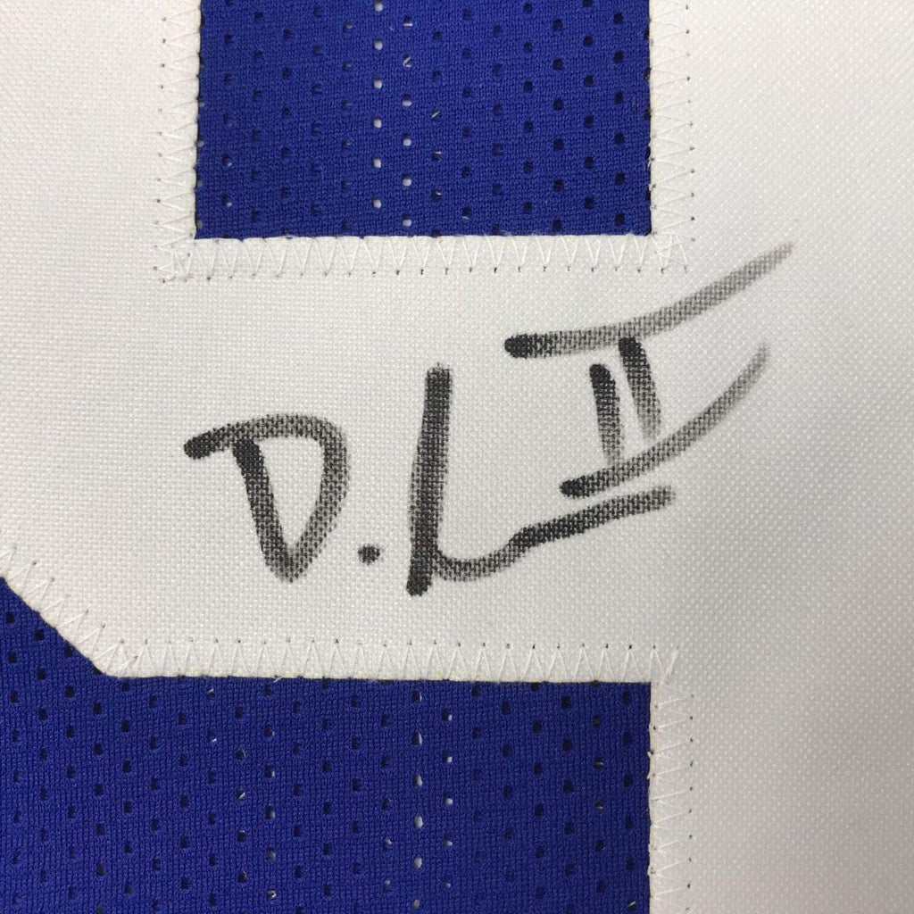 Framed Autographed/Signed Dexter Lawrence 35x39 New York Blue Football Jersey JSA COA