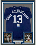 Framed Autographed/Signed Manny Machado 35x39 San Diego Blue Baseball Jersey Beckett BAS COA