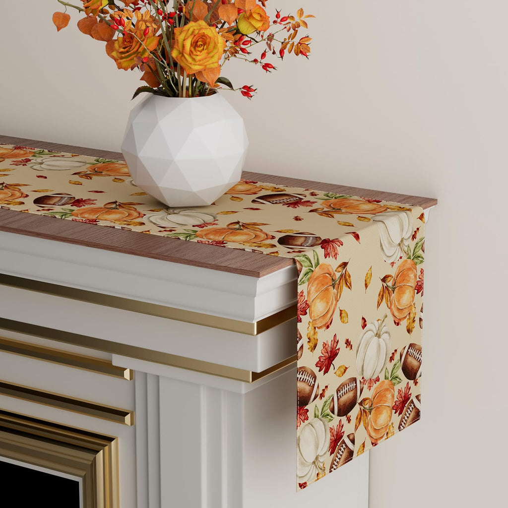 XCHI Fall Football Pumpkin Maple Leaves Table Runner Colored 13x108 Inch