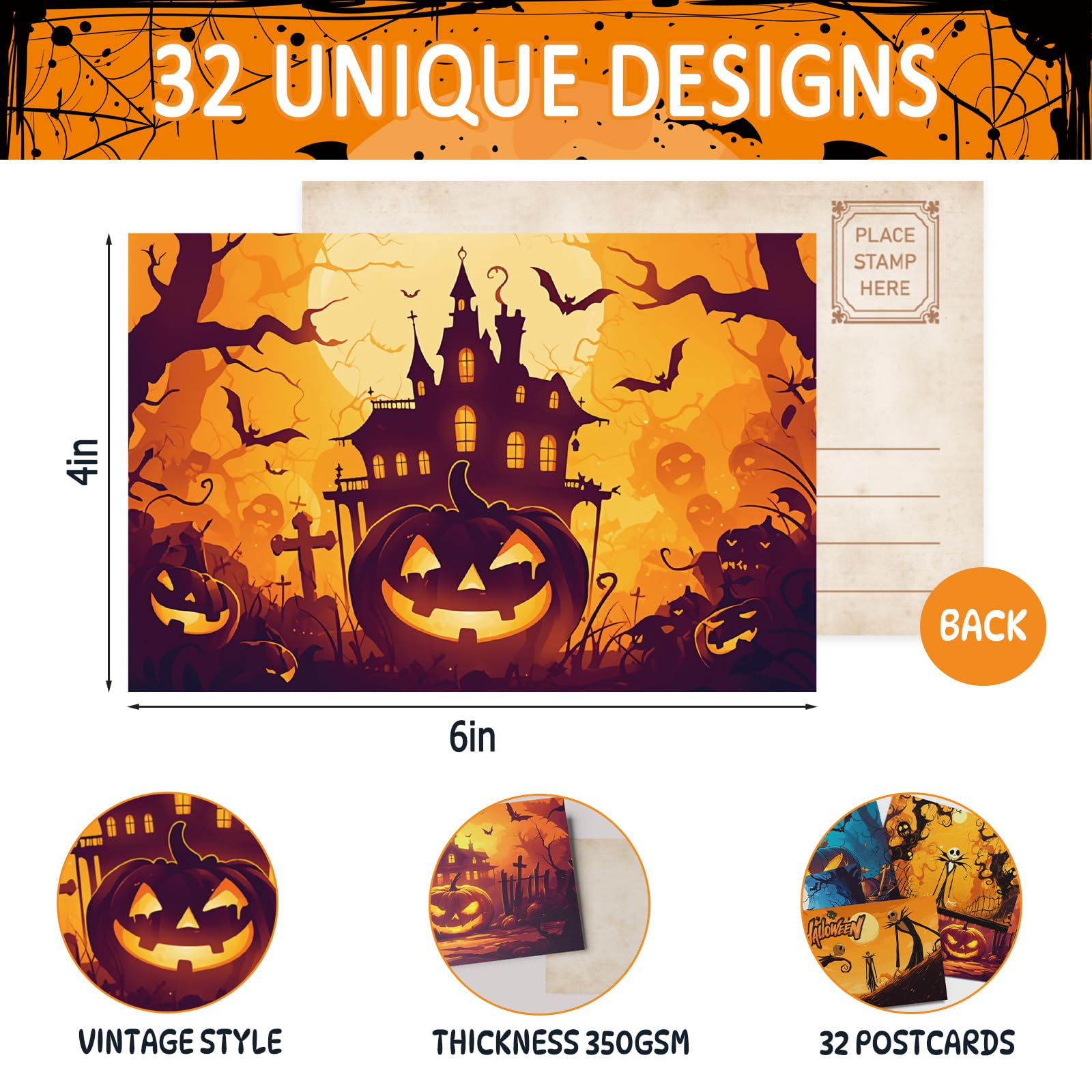 Tlenpo Halloween Postcards 32pcs 4x6in 350gsm Vintage Pumpkin Skeleton