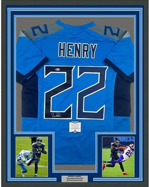 Framed Autographed/Signed Derrick Henry 35x39 Tennessee Titans Light Blue Football Jersey Beckett BAS COA