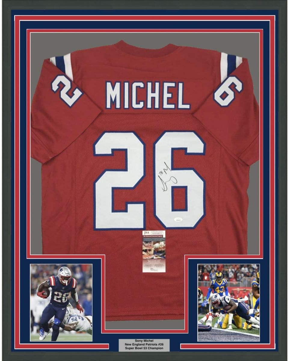 Framed Autographed/Signed Sony Michel 35x39 New England Red Football Jersey JSA COA