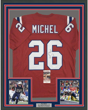 Framed Autographed/Signed Sony Michel 35x39 New England Red Football Jersey JSA COA