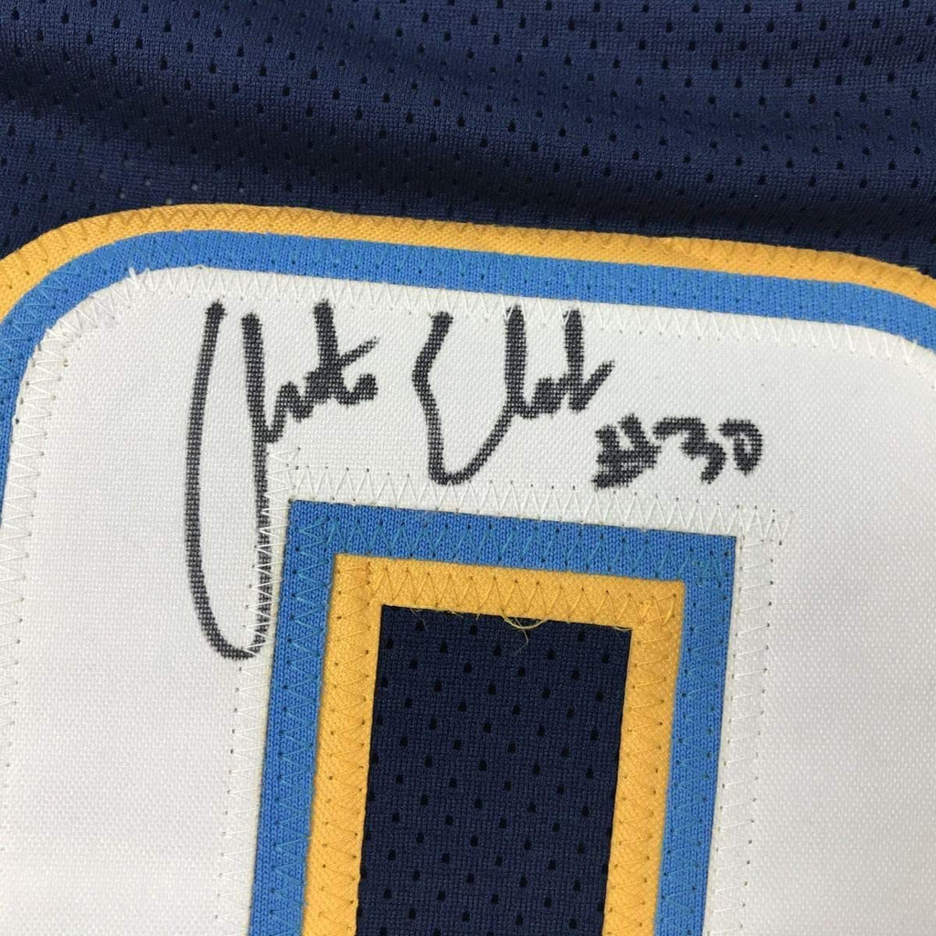 Framed Autographed/Signed Austin Ekeler 35x39 Los Angeles LA Dark Blue Football Jersey Beckett BAS COA