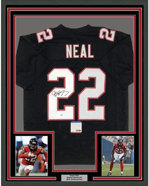 Framed Autographed/Signed Keanu Neal 35x39 Atlanta Retro Black Football Jersey PSA/DNA COA