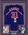 Framed Autographed/Signed Greg Maddux 35x39 Chicago Blue Baseball Jersey JSA COA