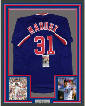Framed Autographed/Signed Greg Maddux 35x39 Chicago Blue Baseball Jersey JSA COA