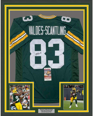 Framed Autographed/Signed Marquez Valdes-Scantling 35x39 Green Bay Green Football Jersey JSA COA