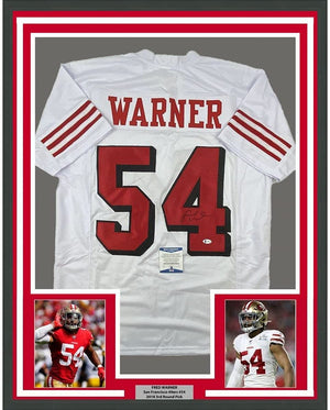 Framed Autographed/Signed Fred Warner 35x39 San Francisco White Alternate Football Jersey Beckett BAS COA