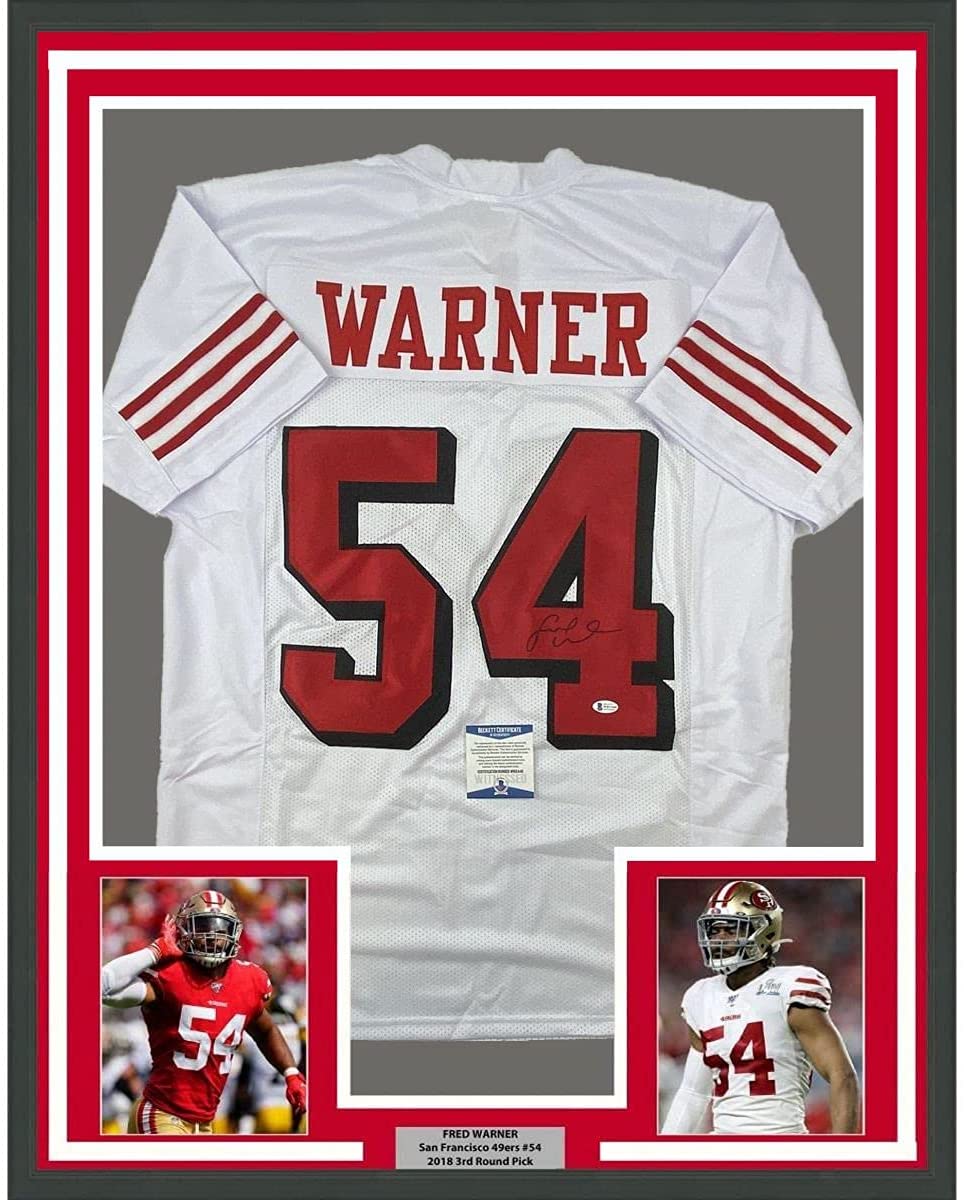 Framed Autographed/Signed Fred Warner 35x39 San Francisco White Alternate Football Jersey Beckett BAS COA