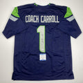Autographed/Signed Coach Pete Carroll Seattle Blue Football Jersey Beckett BAS COA