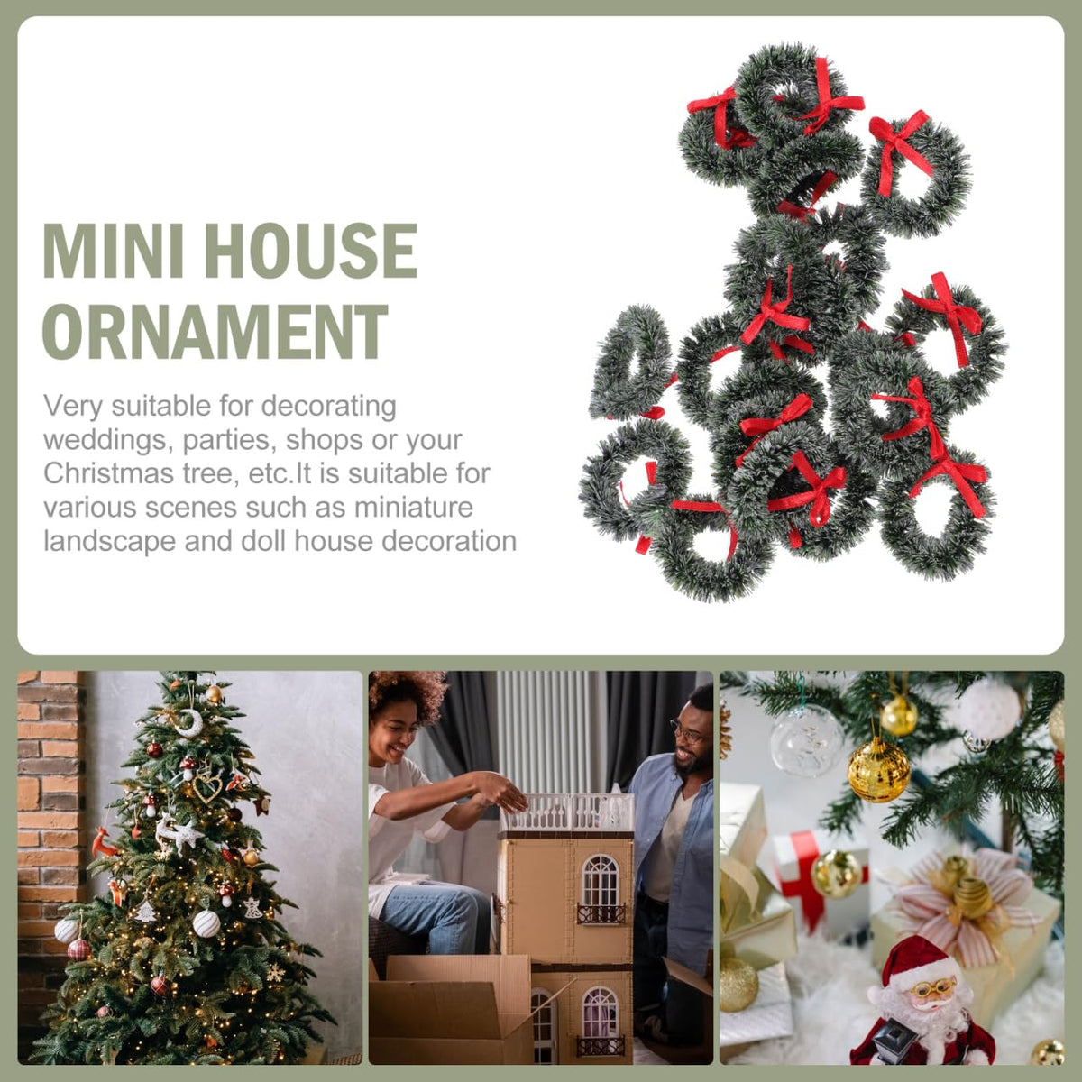 Veemoon 20Pcs Mini Christmas Wreaths with Bow, Christmas Tree Miniature Hanging Wreaths DiIY Craft Winter Garlands Decoration Dollhouse Garlands Ornaments for Festival Supplies (1. 4inch, Green)