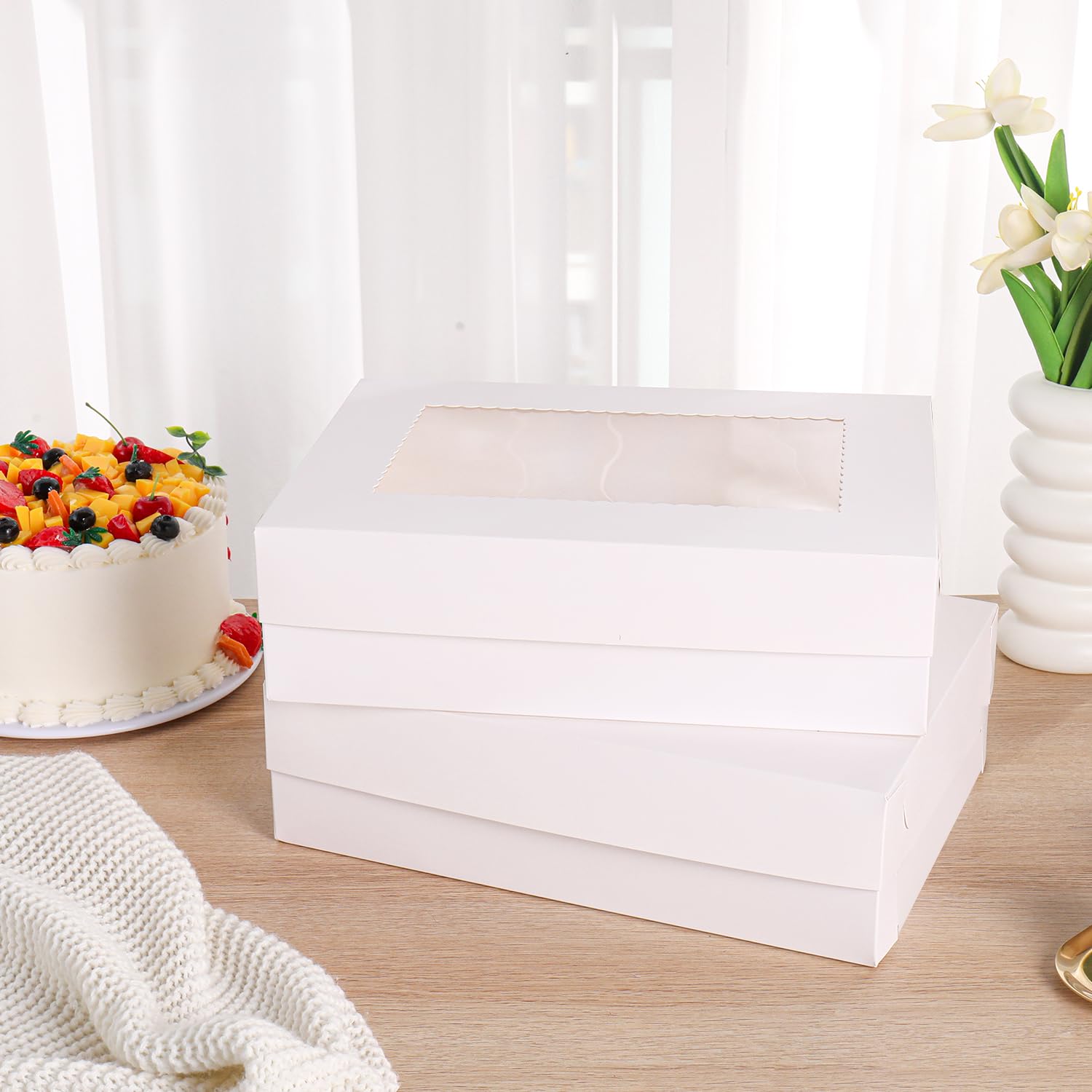 JCD 12pcs Cake Boxes 14x10x4in White Bakery Window Quarter Sheet