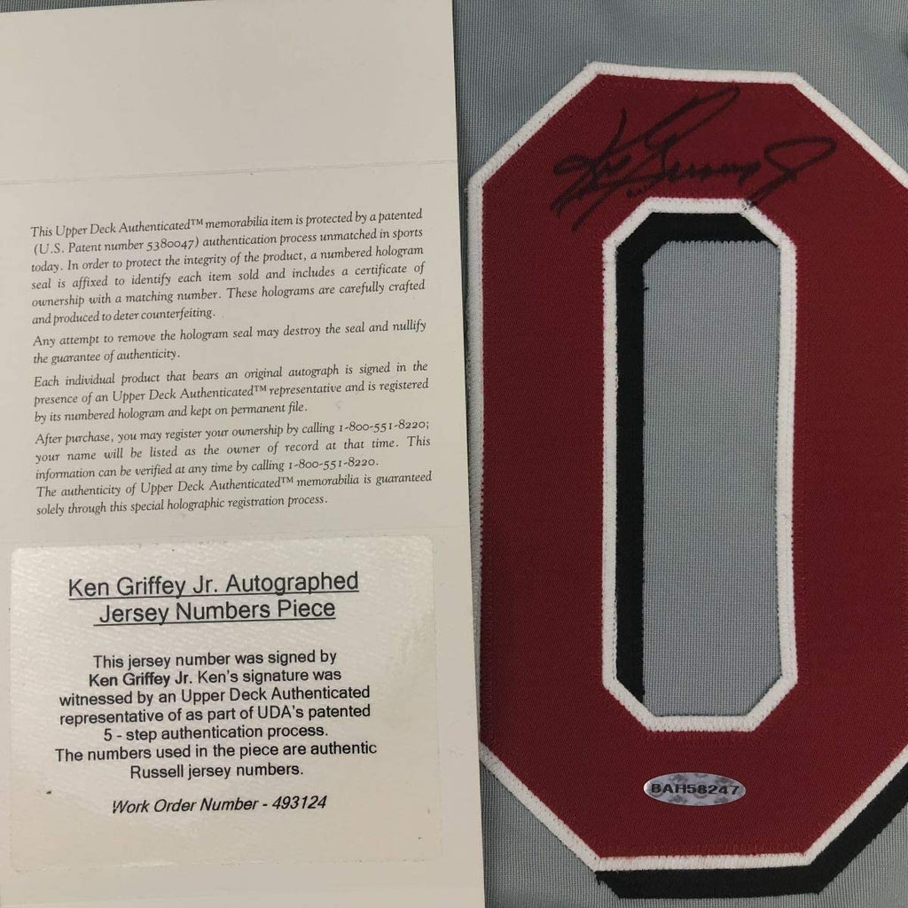 Framed Autographed/Signed Ken Griffey Jr. 35x39 Cincinnati Grey Baseball Jersey Upper Deck UDA COA