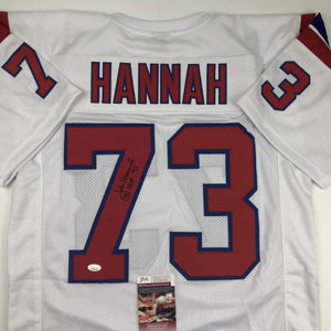 Autographed/Signed John Hannah HOF 91 New England White Football Jersey JSA COA