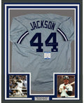 Framed Autographed/Signed Reggie Jackson 35x39 New York Grey Baseball Jersey Beckett BAS COA