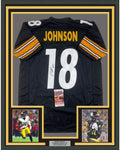 Framed Autographed/Signed Diontae Johnson 35x39 Pittsburgh Black Football Jersey JSA COA