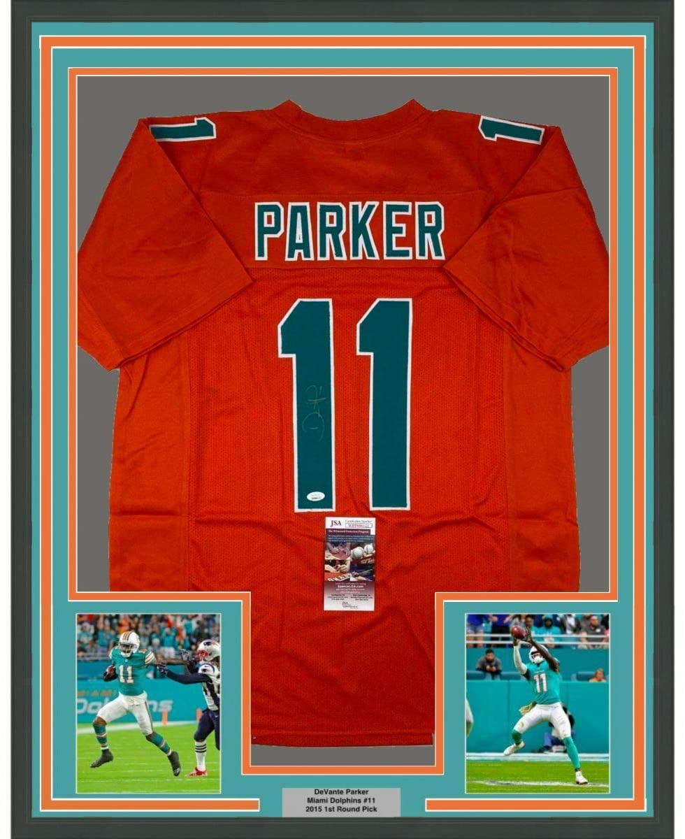 Framed Autographed/Signed Devante Parker 35x39 Miami Orange Football Jersey JSA COA